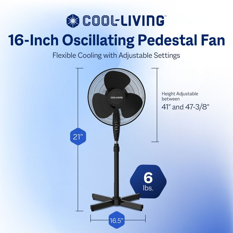 Cool-Living 16" Electric Oscillating Pedestal Fan with 3 Speed Options, 90-Degree Rotating Head, and Adjustable Height and Tilt, Black