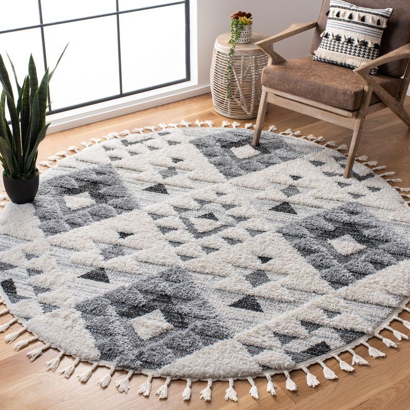 Moroccan Tassel Shag MTS688 Power Loomed Indoor Accent Rug - Ivory/Grey - 3' Round - Safavieh