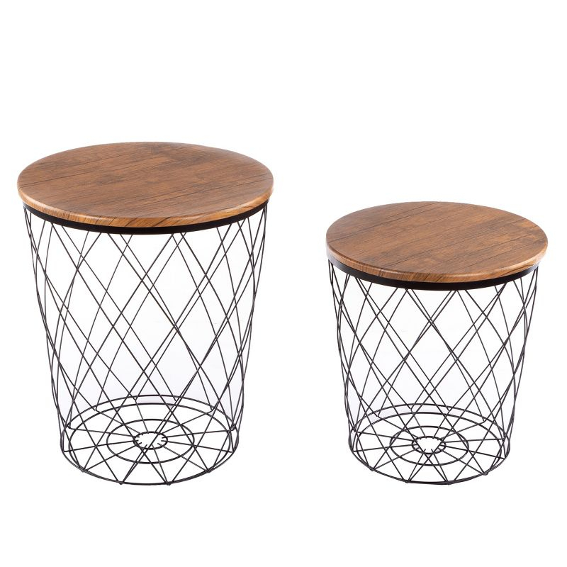 Lavish Home End Table with Storage – Set of 2 Round Nesting Tables with Diamond Pattern Wire Basket Wood Tops, Industrial Farmhouse Side Table