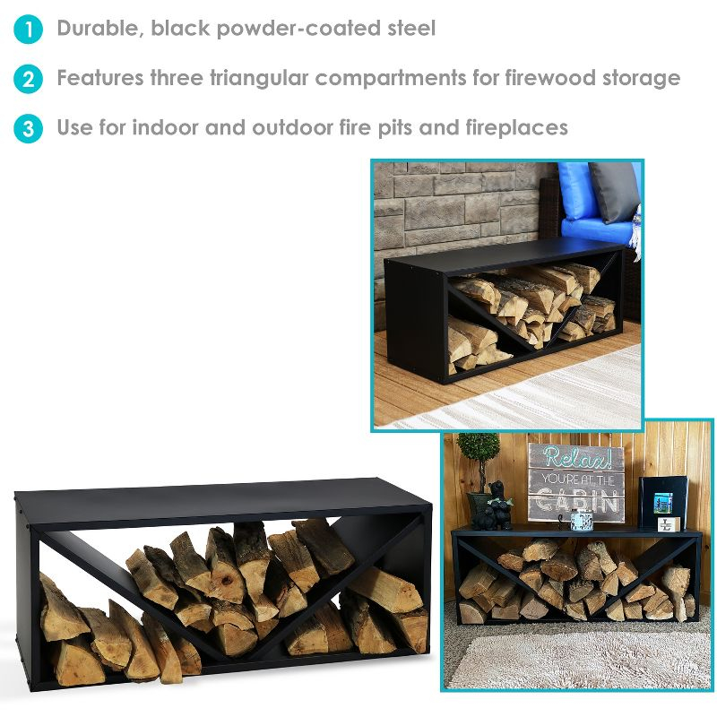 Sunnydaze Indoor/Outdoor Steel Triple Triangle Fire Pit or Fireplace Firewood Log Rack Storage Holder - 41" - Black