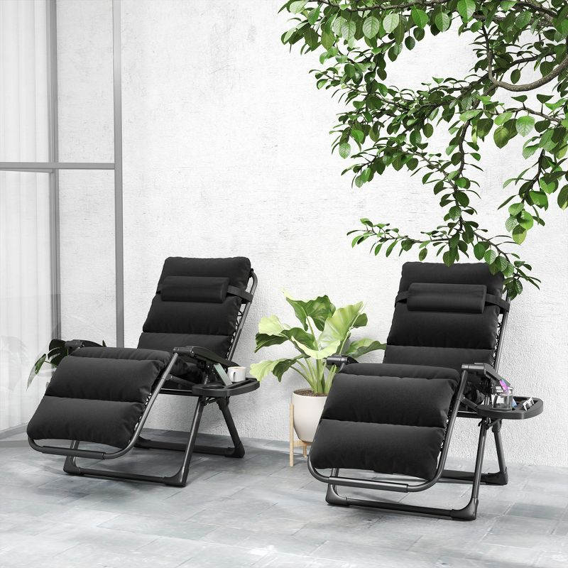 Outsunny Zero Gravity Lounge Chair Set of 2 Reclining Folding Outdoor Lounge Chairs with Cushion, Headrest, and Side Tray for Patio, Beach, Black