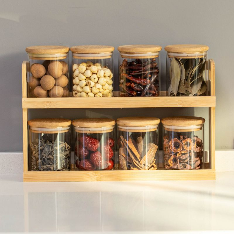 Basicwise 2-Tier Bamboo Spice Rack & Pantry Organizer with 8 Glass Jars.Perfect for Storage in Kitchens to Keep Seasoning Containers Neatly Displayed