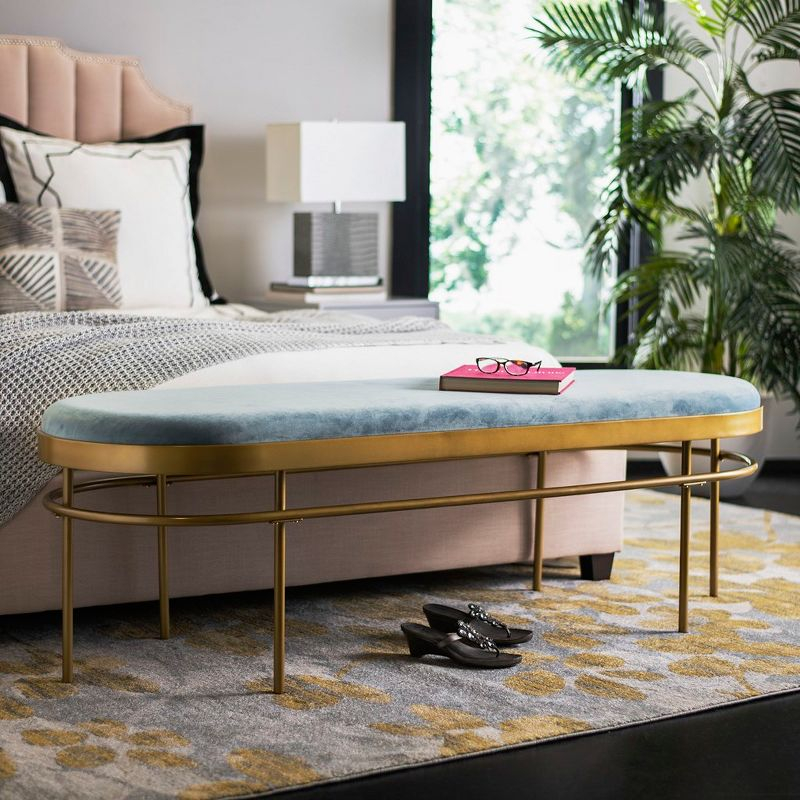 Sylva Oval Bench - Slate Blue Velvet/Gold - Safavieh