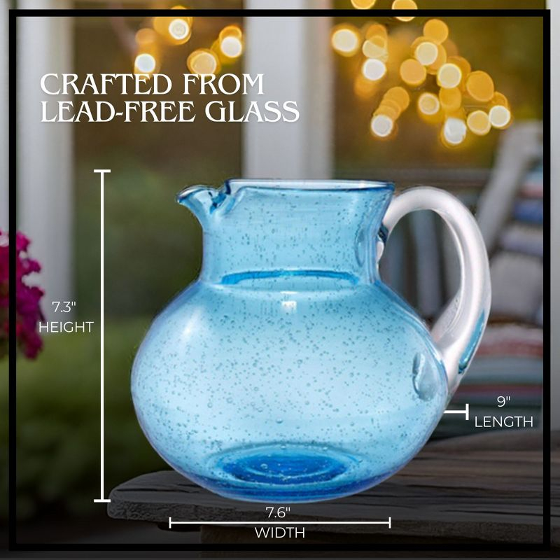 Artland Iris 90oz Hand Blown Pitcher & Set of 4 17oz Highball Glasses, Unique Bubble Design, Lead-Free Glass for Serving Beverages - Turquoise