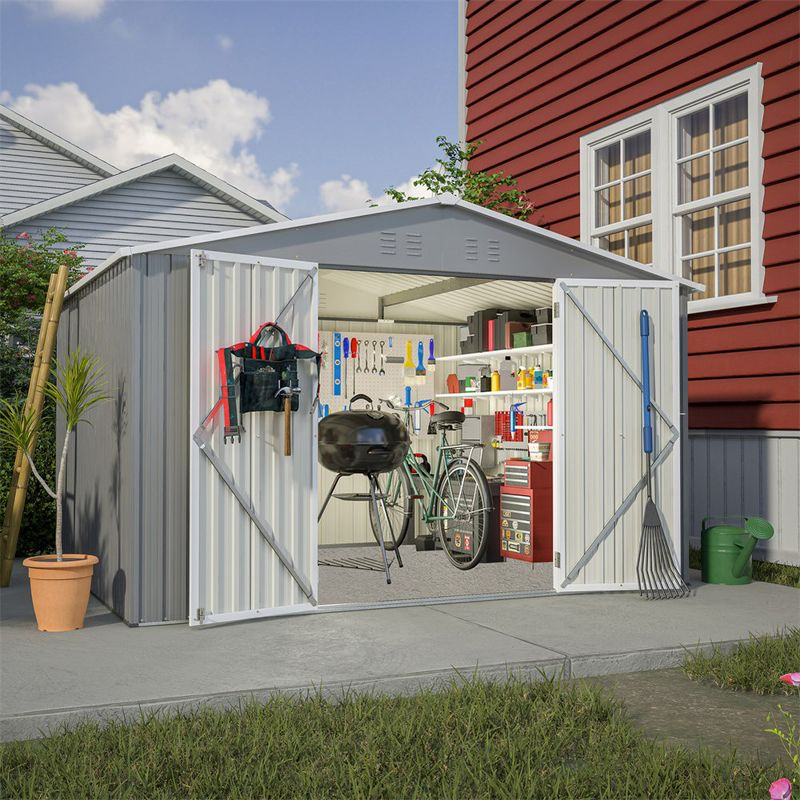 10X8 FT Outdoor Storage Shed, Metal Tool Sheds With Lockable Doors, All Weather Backyard Shed With Pitched Roof, Ventilation Vents