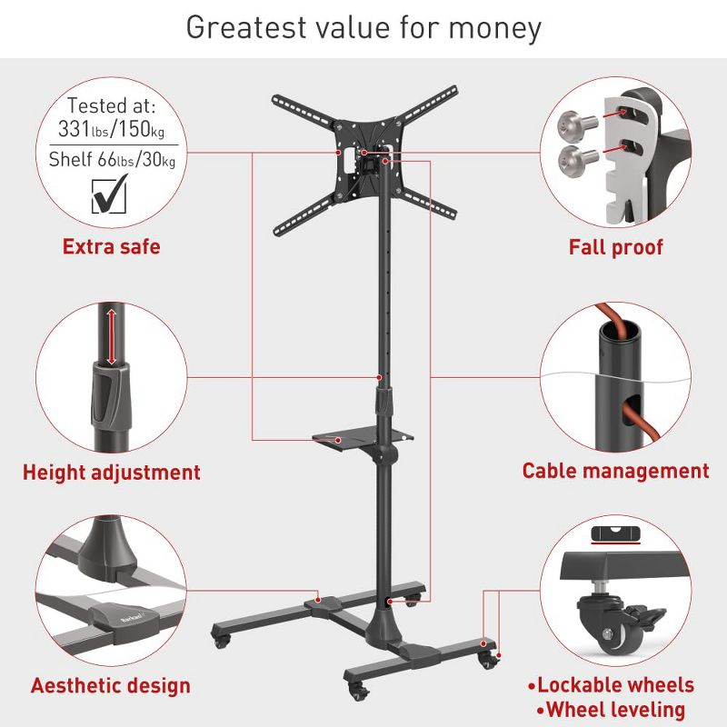 Barkan 13" - 83" Mobile TV Mount Cart with Metal Shelf, Tilt & Height Adjustment