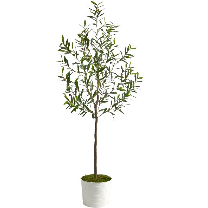 Nearly Natural 70-in Olive Artificial Tree in White Tin Planter