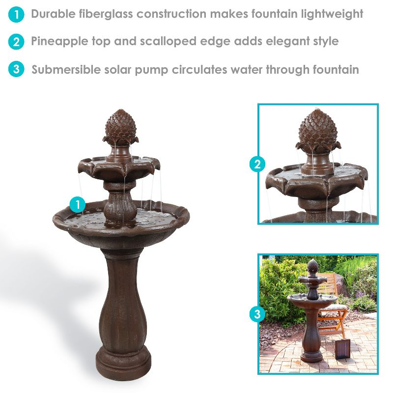 Sunnydaze Outdoor 2-Tier Pineapple Solar Powered Water Fountain with Battery Backup and Submersible Pump - 46" - Rust Finish