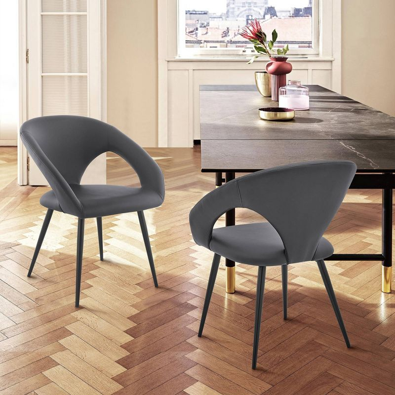 Armen Living Set of 2 Elin Faux Leather and Black Metal Dining Chairs Gray: Curved Back, Foam-Filled, Armless Design