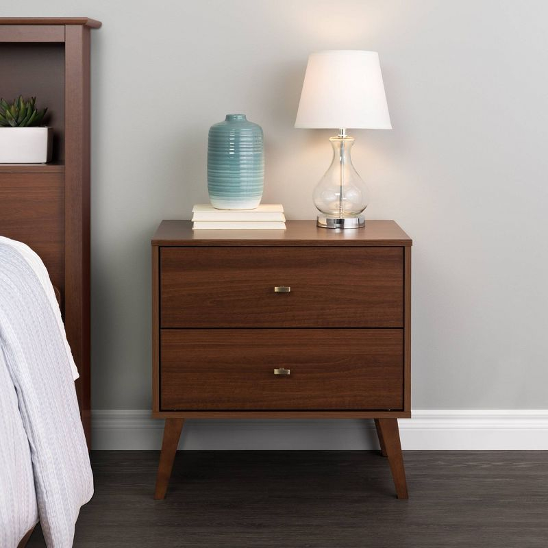 Milo Mid Century Modern 2 Drawer Nightstand Cherry - Prepac: Brushed Brass Knobs, Tapered Legs
