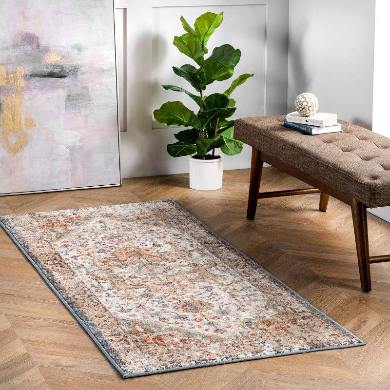 Nuloom 2x10 Justine Vintage Medallion Indoor Area Rug, Beige, Faded Persian Design, Stain Resistant, BedroomLiving Room, Kitchen,