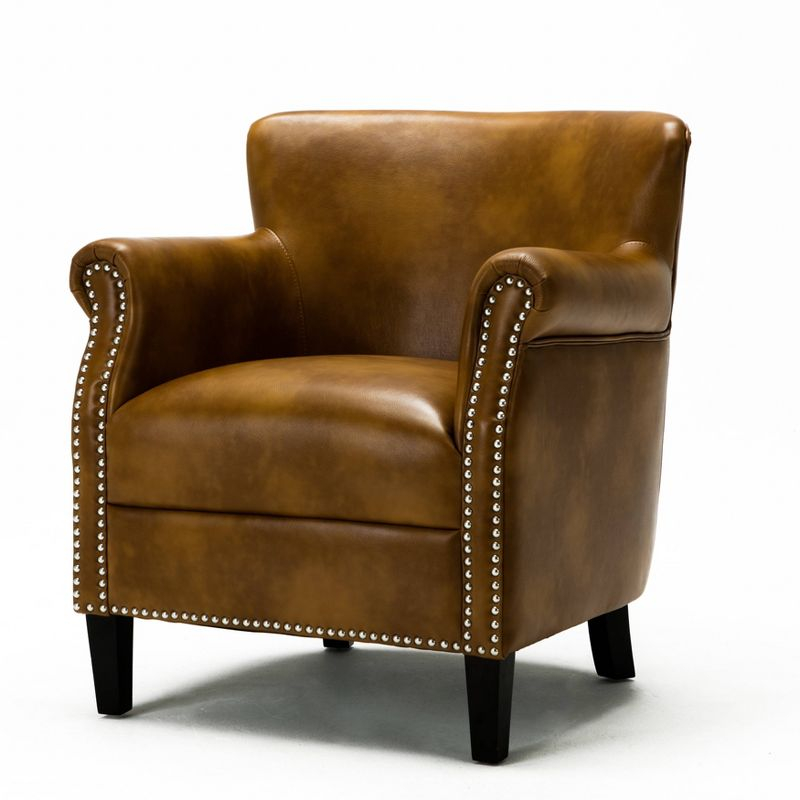 Comfort Pointe Holly Club Chair Camel: Upholstered Nailhead Trim, Faux Leather, Sturdy Wood Frame