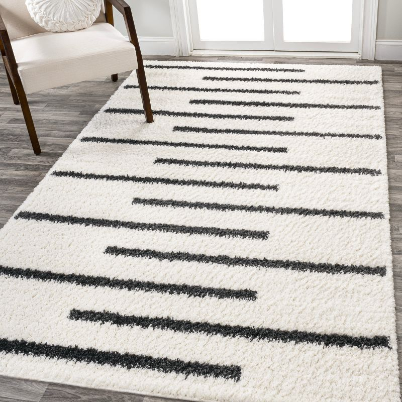 3'x5' Alaro Berber Stripe Shag Area Rug, White/Black - JONATHAN Y