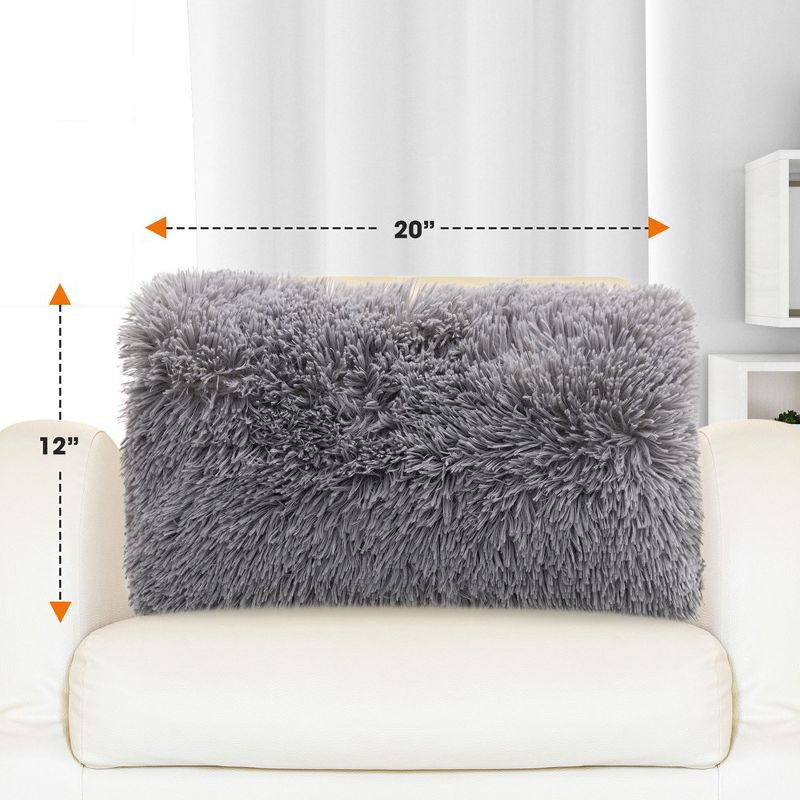 Cheer Collection Super Soft Shaggy Long Hair Throw Pillows Set of 2 - Silver (12" x 20")