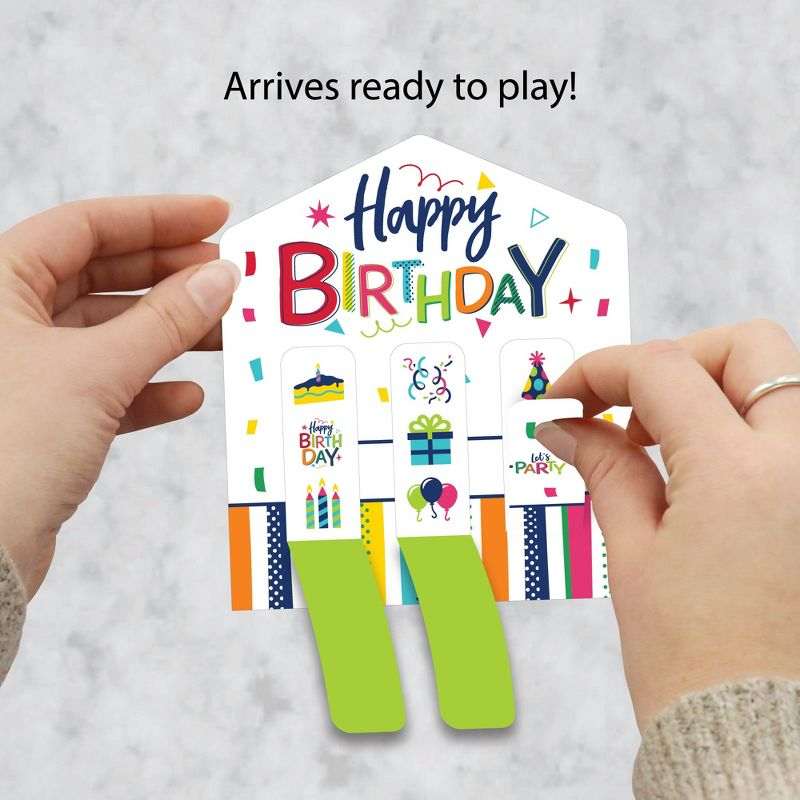 Big Dot of Happiness Cheerful Happy Birthday - Colorful Birthday Party Game Pickle Cards - Pull Tabs 3-in-a-Row - Set of 12