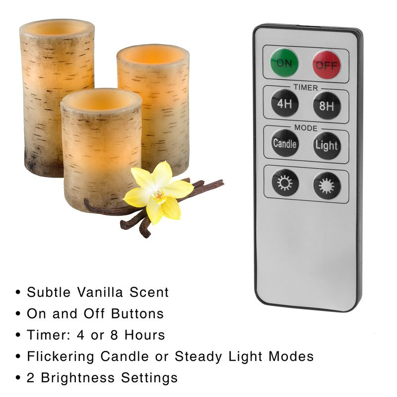 Flickering Flameless LED Candles with Birch Bark- Set of 3 Battery Operated Real Wax Pillar Candles with Remote Control and Timer by Lavish Home