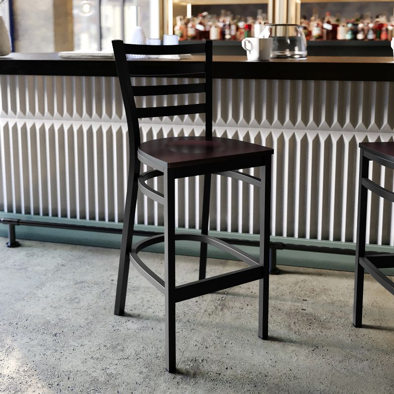 Flash Furniture HERCULES Series Black Ladder Back Metal Restaurant Barstool - Walnut Wood Seat