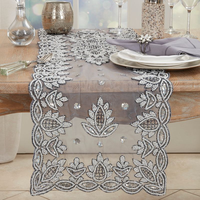 Saro Lifestyle Hand Beaded Design Runner, Pewter, 16" x 72"