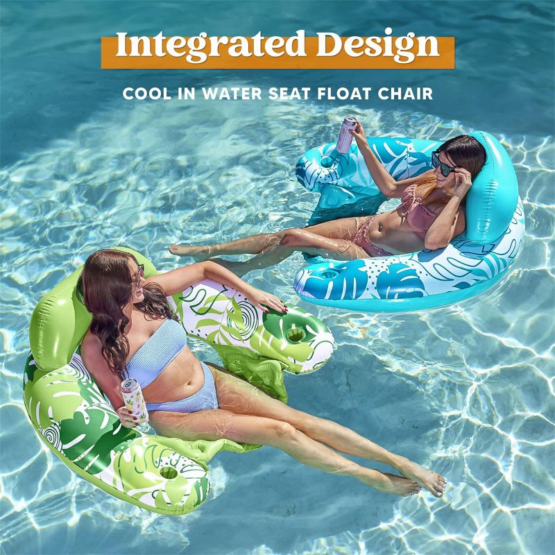 Joyfy 2 Packs Inflatable Pool Floats Chair, Pool Lounge Chairs with Cup Holders for Adult Summer Water Fun Swimming Party Beach - Blue, Green