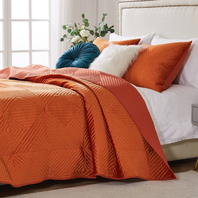 Greenland Home Fashions 3pc King Riviera Velvet Quilt & Sham Set Spice Orange: Microfiber, Zipper Closure, Year-Round