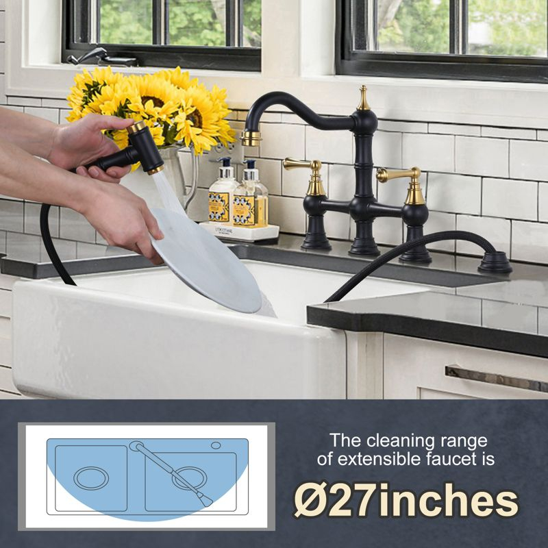 WOWOW Double Handle Bridge Kitchen Faucet with Side Sprayer in Gold and Black