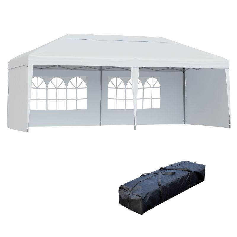 Outsunny 10' x 20' Heavy Duty Pop Up Canopy Party Tent with 4 Removable Sidewalls, Outdoor Cabana Gazebo with Carry Bag, Weather Protection, White