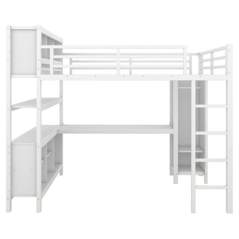 Full Size Metal Loft Bed with Wardrobe and L-Shaped Desk, Heavy-Duty Loft Bed with Storage Cubes and Shelves, White - ModernLuxe