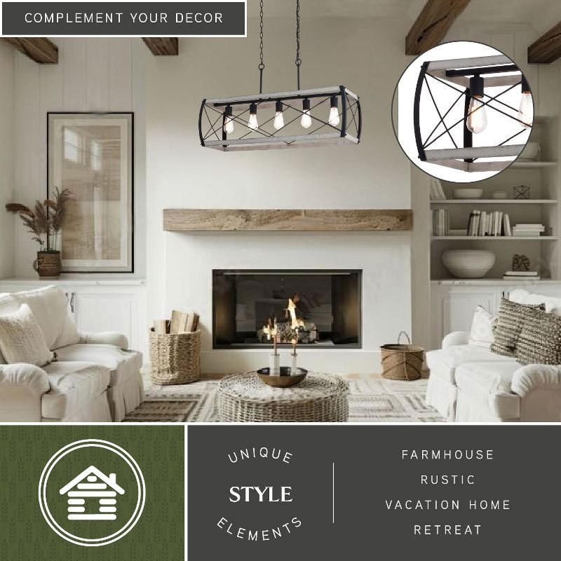 VAXCEL Montclare 5L Black and White Ash Wood Farmhouse Cage Linear Chandelier Island Pendant Light Fixture