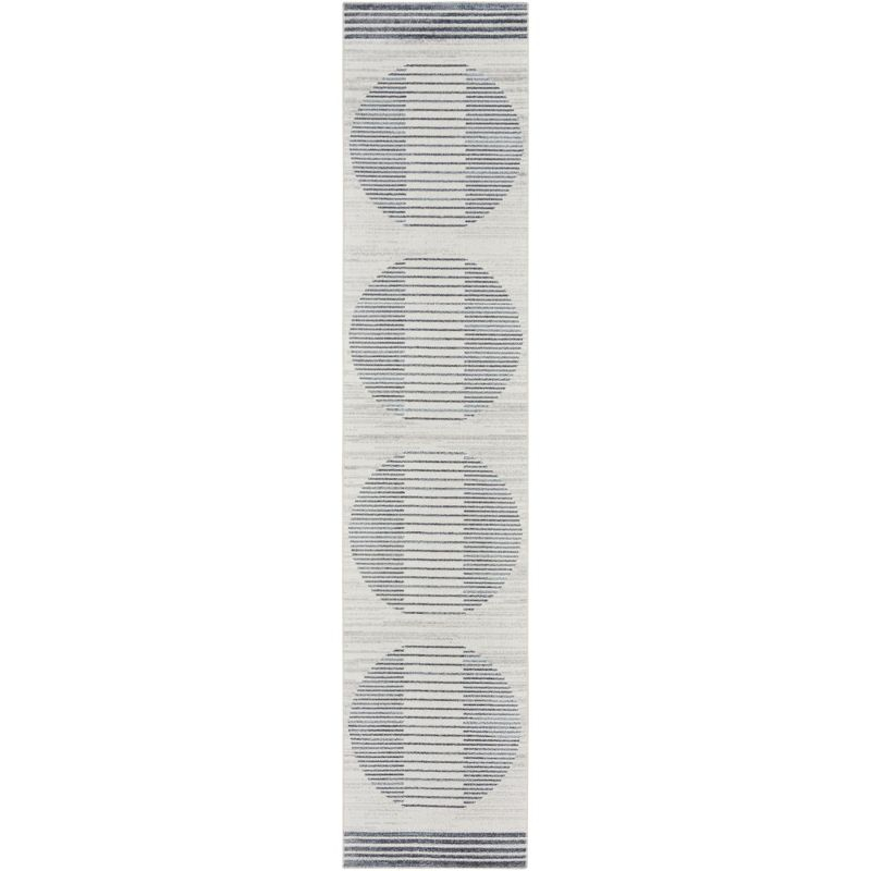 Nourison Astra Machine Washable Stripe Circle Mid-Century Modern Indoor Bathroom, Kitchen Runner Rug Ivory Blue 2'2" x 10'
