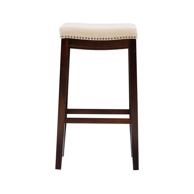 Linon Claridge Backless Nailhead Saddle Barstool Linen: Upholstered, Rubberwood Legs, Fixed Height 32.25"