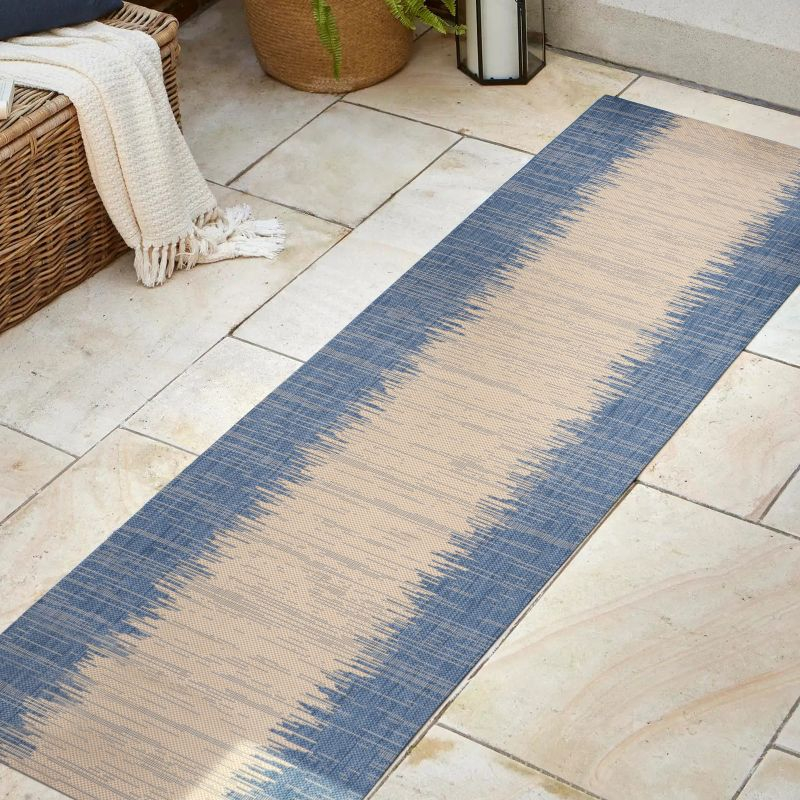 2' x 10' Tavira Modern Strie' Indoor/Outdoor Runner Rug, Blue/Beige - JONATHAN Y