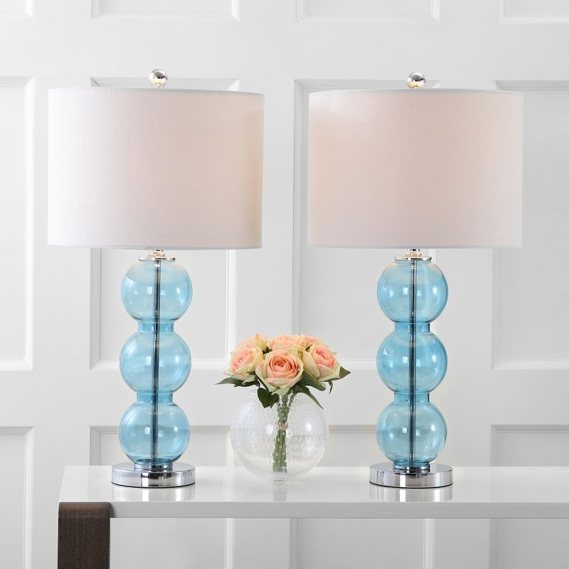 JONATHAN Y Bella 27" Glass Triple-Sphere LED Table Lamp, Sky Blue/Chrome (Set of 2)