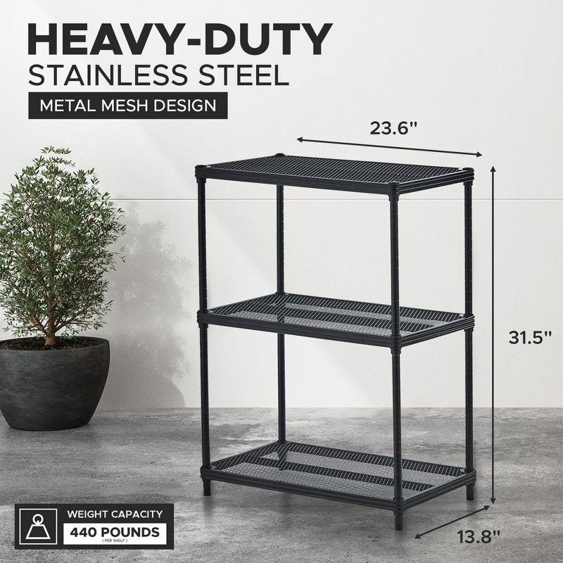 Design Ideas MeshWorks 3 Tier Full-Size Metal Storage Shelving Unit Rack for Kitchen, Office, and Garage Organization, 23.6” x 13.8” x 31.5,” Black