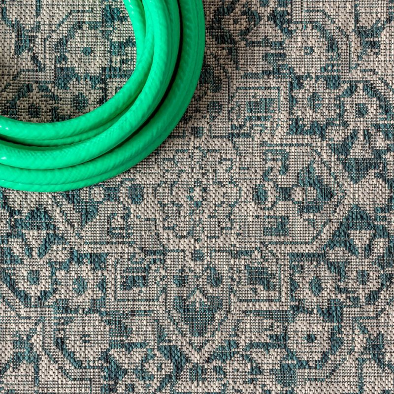 5' Square Rozetta Boho Medallion Textured Weave Indoor/Outdoor Area Rug, Gray/Teal - JONATHAN Y