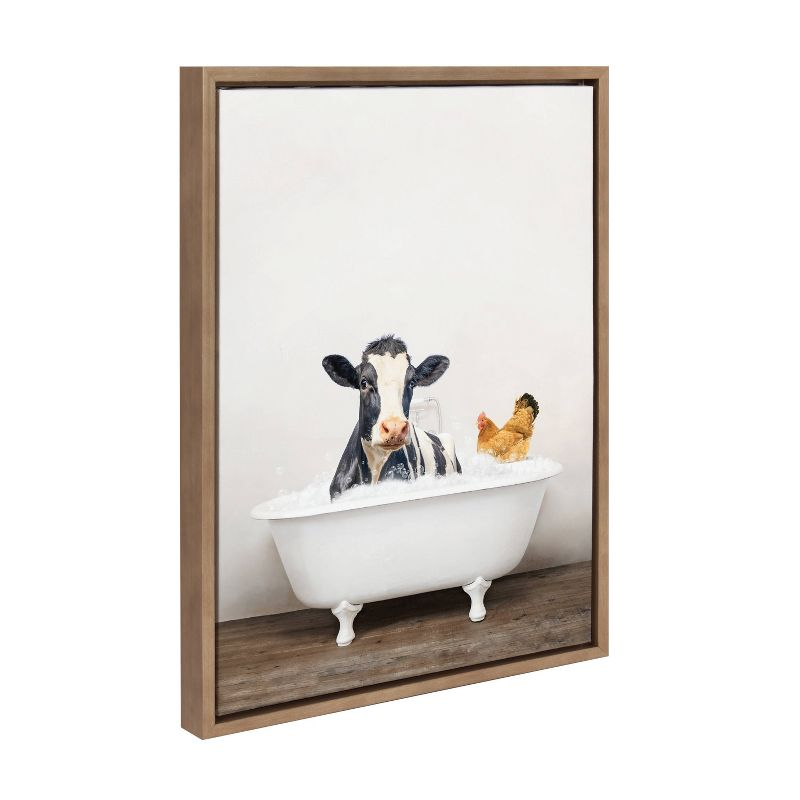 Kate & Laurel All Things Decor 18"x24" Sylvie Cow and Chicken in Rustic Bath Frame Canvas by Amy Peterson: Whimsical Wall Art