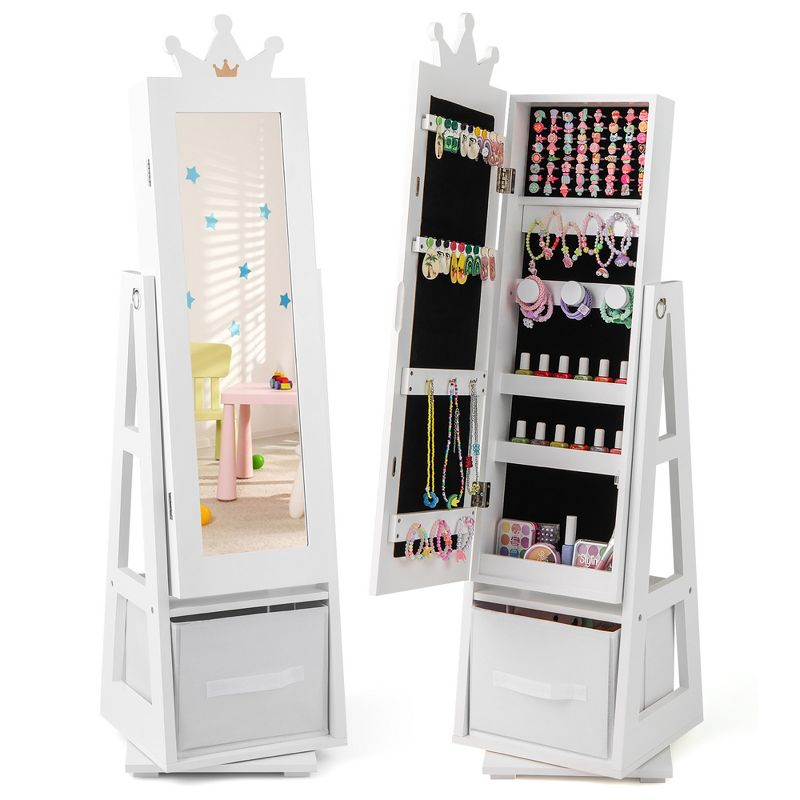 Tangkula Kids Jewelry Cabinet with Full-Length Mirror Drawer 2 Adjustable Tilt Angles White