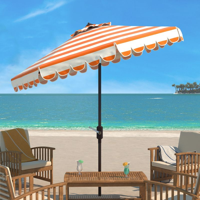Maui Single Scallop Striped 9Ft Crank Push Button Tilt Umbrella - PAT8011 - Orange - Safavieh