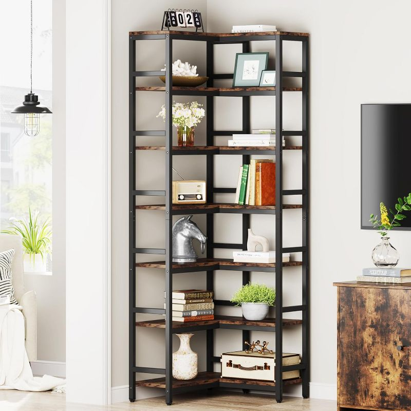Hommoo 7-Tier Tall Corner Bookshelf Rustic Brown