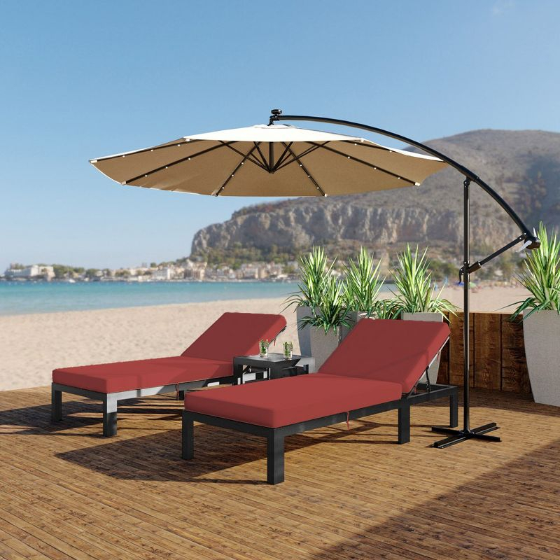 LeisureMod Chelsea Modern Outdoor Chaise Lounge Chair Set with Side Table, Black Aluminum – Set of 2 in Red