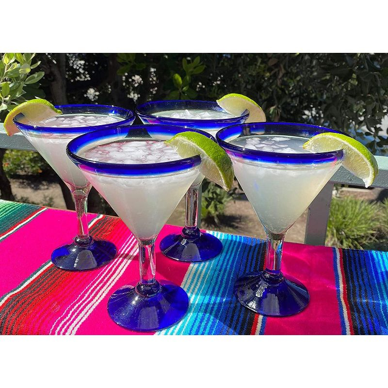 Dos Sueños Mexican Hand Blown  Modern Margarita Glasses - Blue Rim - 12oz - Set of 4