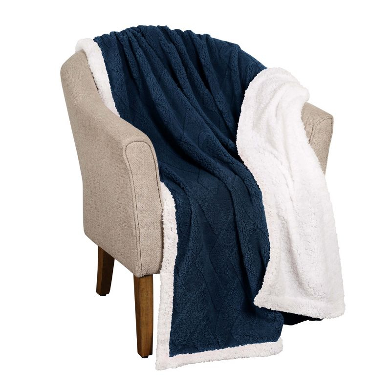 Jacquard Lattice Fleece Plush Reversible Blanket, Throw, Navy Blue - Blue Nile Mills