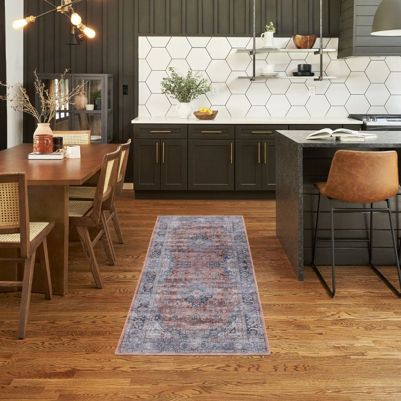 Nourison Washable Brilliance 2' x 6' Blue/Multi Vintage Indoor Bathroom, Kitchen Runner Rug