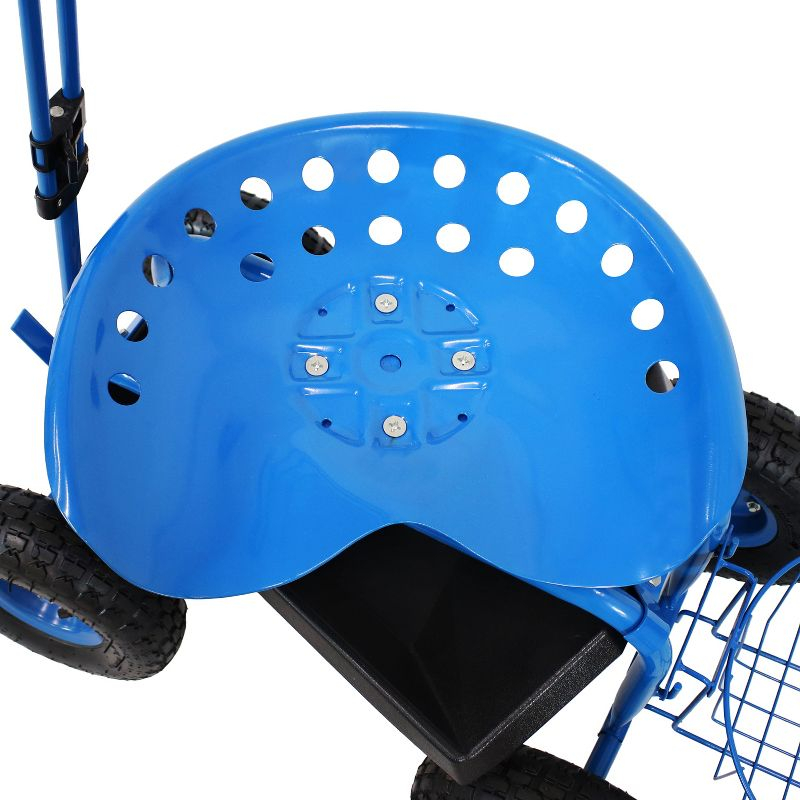 Sunnydaze Outdoor Heavy-Duty Steel Rolling Gardening Cart with Extendable Steer Handle, Swivel Chair, Tool Tray, and Basket - Blue