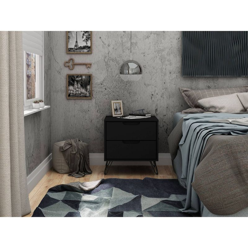 2.0 Rockefeller Nightstand Black - Manhattan Comfort: Modern Bedside Table with Metal Legs & Storage
