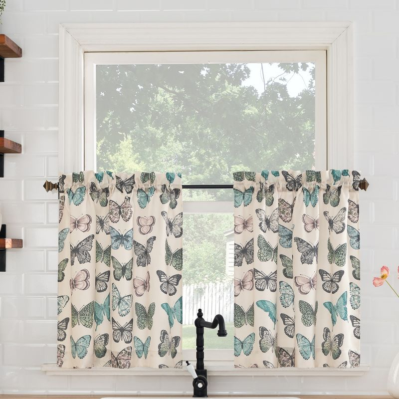 2pc 56"x24" No. 918 Sheer Magdalena Butterfly Print Rod Pocket Kitchen Curtain Tier Pair: Polyester, Machine Washable