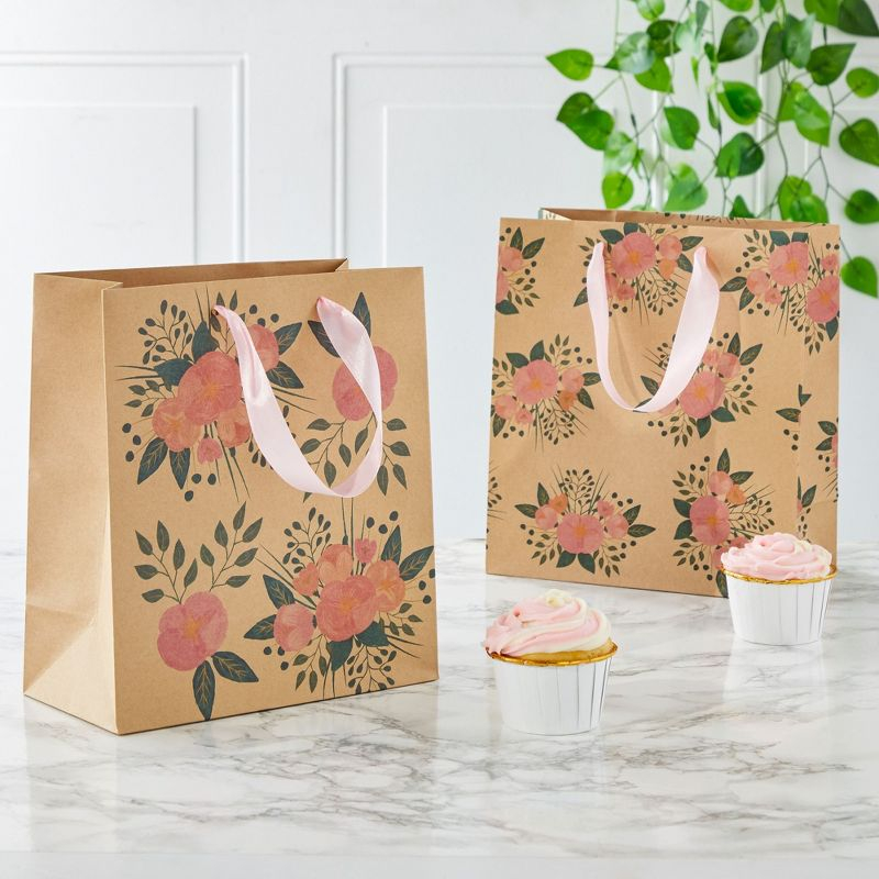 Juvale 24 Pack Kraft Paper Floral Gift Bags with Pink Ribbon Handles, 8x4x9 Inches, 2 Designs, For Themed Party Favors