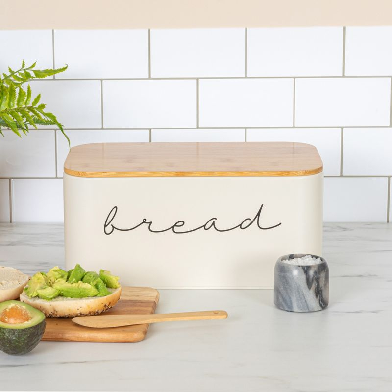 Storied Home Metal "bread" Bin with Bamboo Lid, Cream