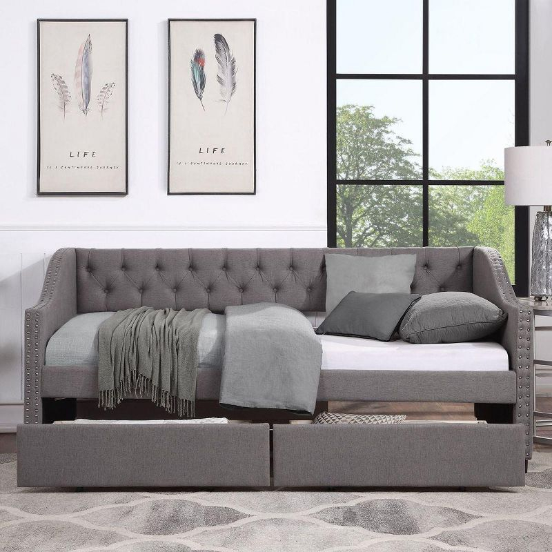 Streamdale Upholstered Twin Size daybed with Two Drawers, Wood Slat Support, Gray
