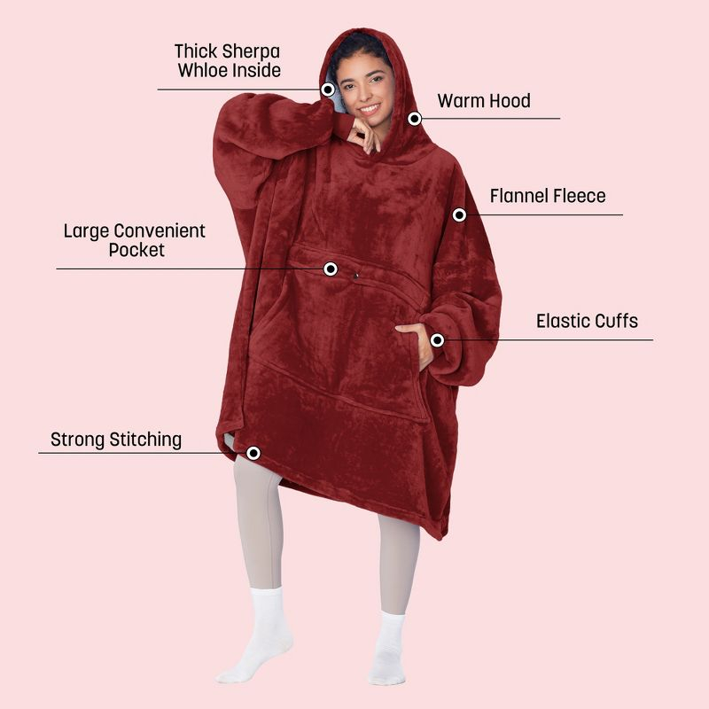 Womens Oversized Flannel Blanket Hoodie Sweatshirt, Plush Fleece Lined Lounging Pullover, Christmas Gift for Women (Dark Red) - Catalonia