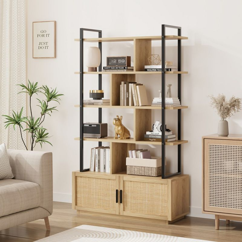 5 Tier Rattan Bookshelf with Storage Cabinet & Door, 71.1 Inch Tall Industrial Book Shelf,5 Shelf Bookcase with Metal Frame-Burlywood